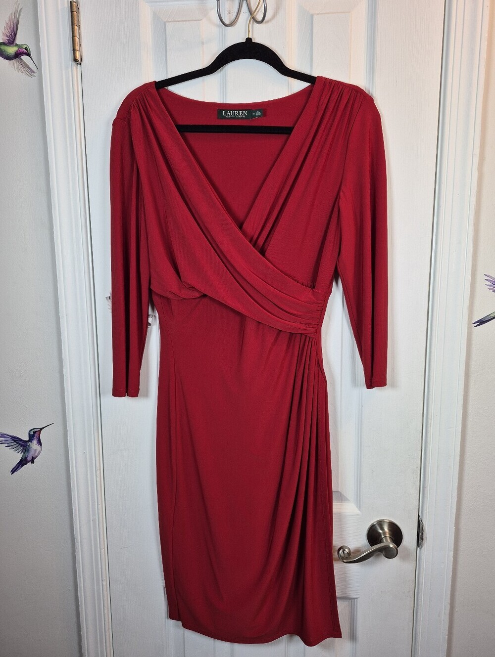 Lauren Ralph Lauren Burgundy Maroon Ruched Faux Wrap Dress 10 Midi Mob Wife